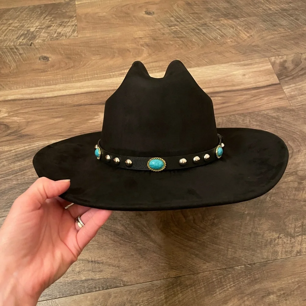 Nickoler Suede Western Cowgirl Hat for Women Black with Turquoise Accent Size L